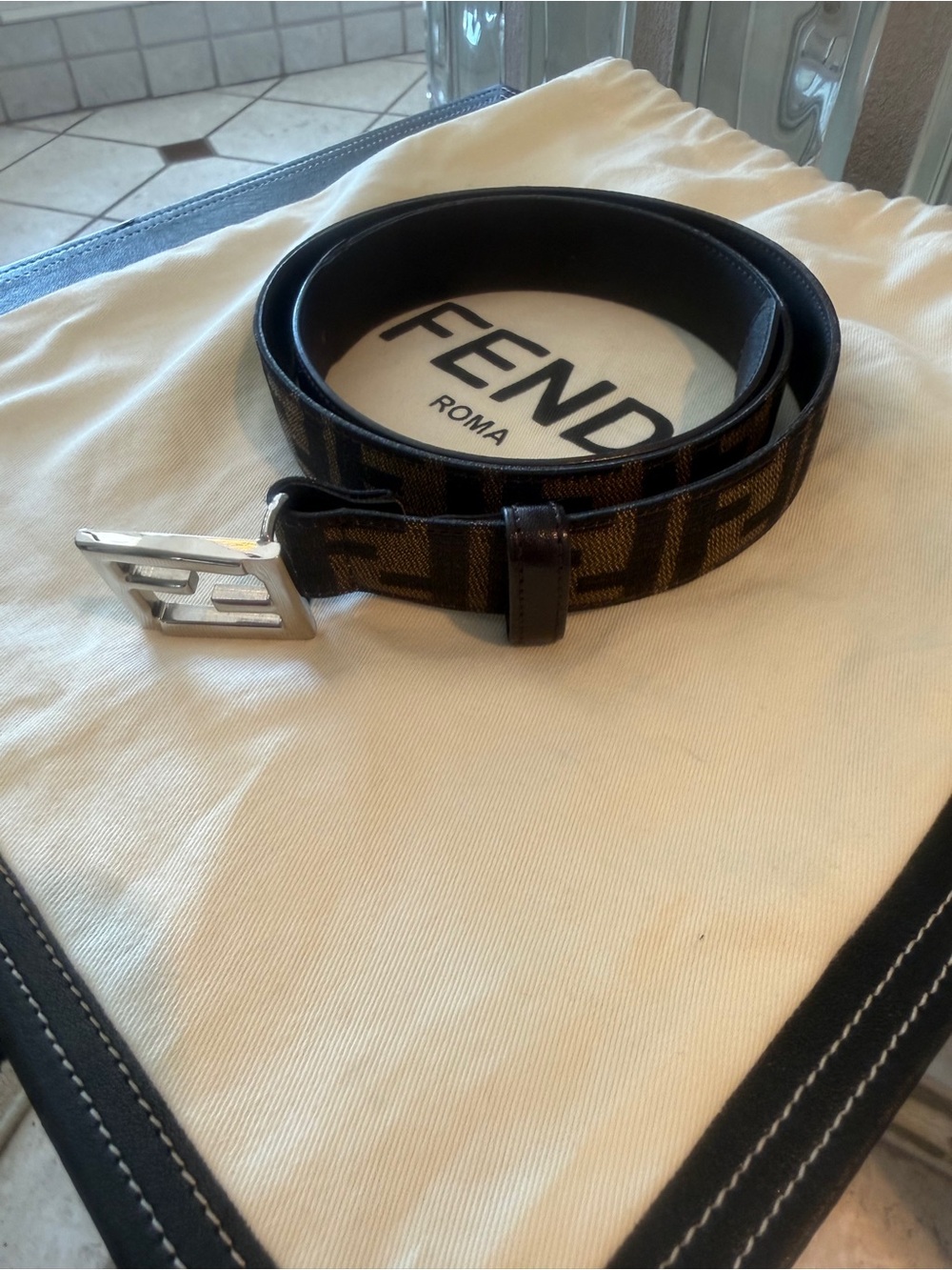 Fendi FF Zucca Monogram Unisex Canvas/Leather Black/Brown Belt w/ Silver Buckle - Picture 4 of 5